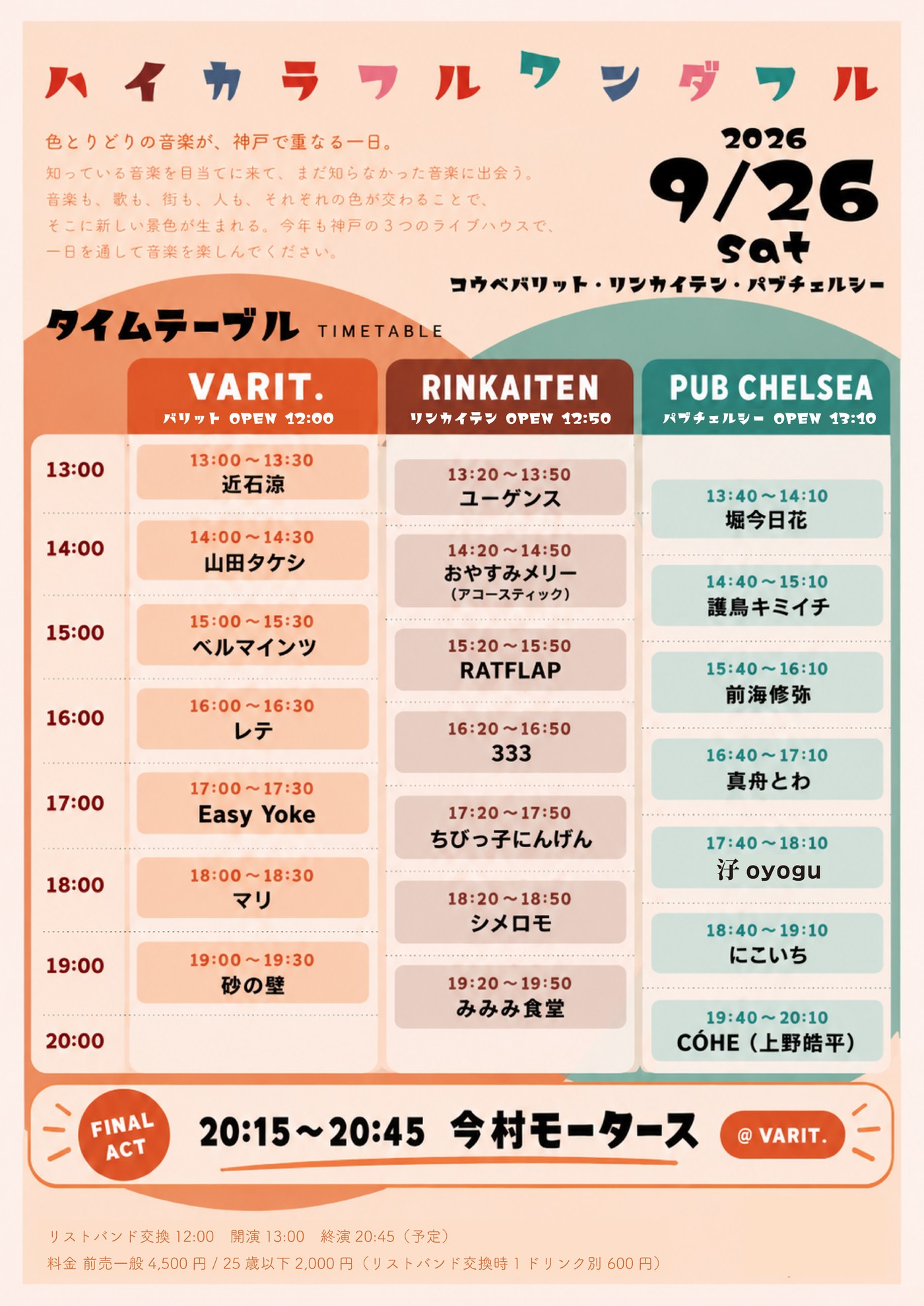 ハイカラフルワンダフル2026 タイムテーブル。2026年9月26日(土)、VARIT.・リンカイテン・パブチェルシーの3会場で13:00開演、20:45終演予定。クリックで拡大表示。